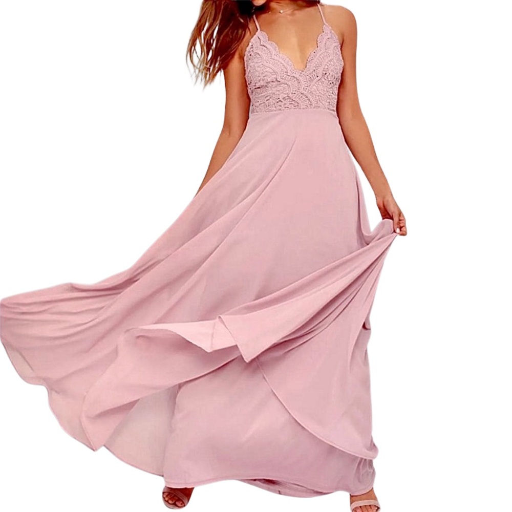 NWT LULU’S Madalyn Dusty Lavender Lace Maxi Dress
